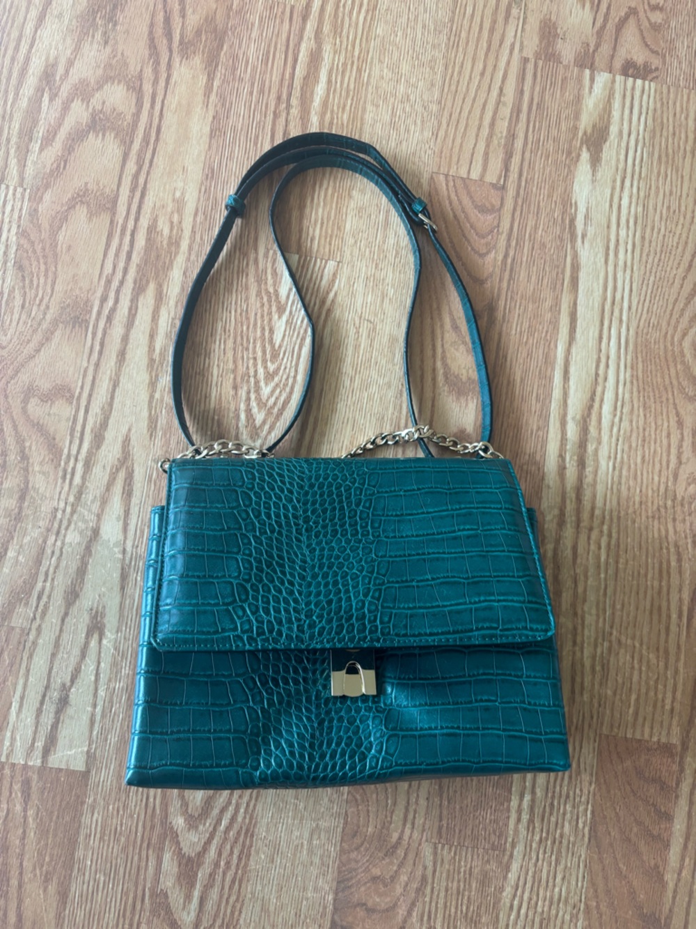 Emerald Green Teal Croc Embossed Chain Shoulder Crossbody Bag Y2K Structured